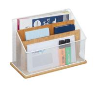 Relaxdays Desk Organiser, Metal & Bamboo, 3 Compartments, Letter Tray, Paper Stand, HWD: 20 x 29 x 14 cm, White/Natural, 15x18.5x10 cm