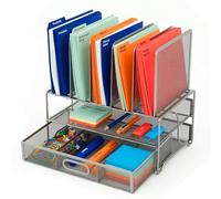 Relaxdays Desk Organiser, Folder Holder & Drawer, 6 Slots, H x W x D: 36x35x24.5 cm, Steel, Silver