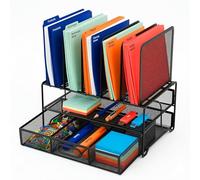 Relaxdays Desk Organiser, Folder Holder with Drawer & 6 Shelves, Office, H x D: 36 x 35 x 24.5 cm, Metal, Black