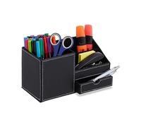 Relaxdays Desk Organiser, for Office and Home, 3 Compartments & Drawer, HWD: 12 x 22.5 x 11 cm, Pen Holder, Black/White, Plastic, cotton, paper