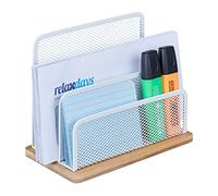 Relaxdays Desk Organiser, Metal & Bamboo, 3 Compartments, Letter Tray, Paper Stand, HWD: 15x18.5x10 cm, White/Natural, Iron