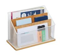 Relaxdays Desk Organiser, Metal & Bamboo, 3 Compartments, Letter Tray, Paper Stand, HWD: 20 x 29 x 14 cm, White/Natural