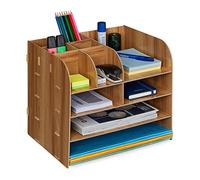 Relaxdays Desk Organiser, Office Supplies and Documents, Different Size Compartments, DIY, MDF, 27.5x32.5x25 cm, Brown