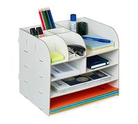 Relaxdays Desk Organiser, Office Supplies and Documents, Different Size Compartments, DIY, MDF, 27.5x32.5x25 cm, White, Fibreboard