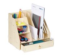 Relaxdays Desk Organiser, Office Supplies and Documents, Different Size Compartments, DIY, MDF, 29.5x33x24 cm, Beige