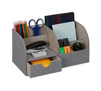 Relaxdays Desk Organiser, Office, with Drawer and 6 Compartments, Linen Look, HWD: 14.5 x 28 x 14.5 cm, Pen Holder, Grey