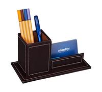 Relaxdays Desk Organiser, Pen Cup & Business Card Holder, H x W x D: 10.5 x 20 x 10 cm, Faux Leather, Brown