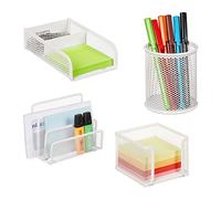 Relaxdays Desk Organiser Set, 4 Pieces, Document Holder, Note Box, Paperclip & Pen Holder, Metal, White