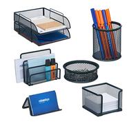 Relaxdays Desk Organiser Set, 7 Pieces, Filing Trays, Note Box, Letter, Paperclip & Pen Holder, Metal, Grey, Steel, Various