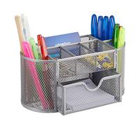 Relaxdays Desk Organiser, Stationery Tray with Pen Holder & Note Box, HWD: 10.5x22x11cm cm, Silver
