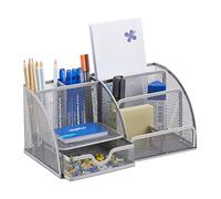 Relaxdays Desk Organizer, 6 Compartments, Compact Letter Rack, Metal, Drawer, Memo Box, Pen Holder, Silver, Steel, 14 x 27.5 x 12.5 cm