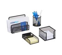 Relaxdays Desk Organizer Set of 4, Letter Rack, Pen Holder, Note Box and Paperclip Holder, Mesh, Black