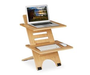Relaxdays Desktop, Keyboard Shelf, Stand-Sit Table, Adjustable Height, Wooden, 2 Shelves, Attachment, Bamboo, Natural