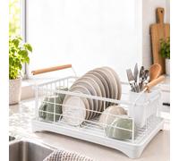Relaxdays Dish Drainer, Cutlery Basket & Drainage Tray, White | Kitchen dish rack, plastic draining rack, metal