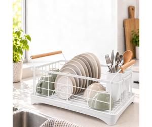 Relaxdays Dish Drainer, Cutlery Basket & Drainage Tray, White | Kitchen dish rack, plastic draining rack, metal