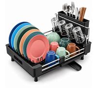 Relaxdays Dish Drainer, Cutlery Basket & Drip Tray, Black | Extendable dish drainer, kitchen, plastic draining rack, stainless steel, glass holder