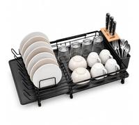 Relaxdays Dish Drainer, Cutlery Basket & Drip Tray, Black | Extendable kitchen dish drainer, plastic draining rack, metal