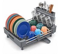 Relaxdays Dish Drainer, Cutlery Basket & Drip Tray, Grey | Extendable dish drainer, kitchen, plastic draining rack, stainless steel, glass holder