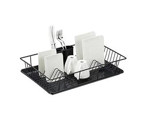 Relaxdays Dish Drainer, Drying Rack with Cutlery Holder & Drip Tray, Metal & Plastic, HWD 15.5 x 45 x 35 cm, Black