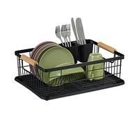 Relaxdays dish drainer with drip tray & cutlery basket, kitchen draining, plate, drying rack in black, Iron, 1 item