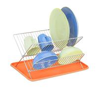 Relaxdays Dish Drainer with Drip Tray, Folding Drying Rack, Metal & Plastic, HxWxD 24 x 42 x 32 cm, Orange, Iron