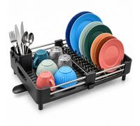 Relaxdays Dish Rack, Cutlery Basket & Drip Tray, Black | extendable dish rack kitchen, plastic dish drainer, stainless steel