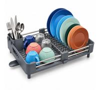 Relaxdays Dish Rack, Cutlery Basket & Drip Tray, Grey | extendable dish rack kitchen, plastic dish drainer, stainless steel