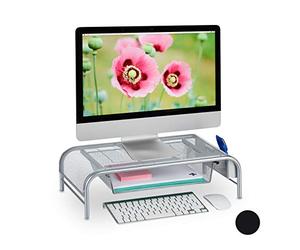 Relaxdays Display Stand, Drawer, 2 Side Compartments, Screen Mount HxWxD: 15 x 51 x 29.5 cm, Silver, Steel