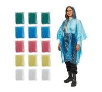 Relaxdays Disposable Rain Poncho, Set of 15, Raincoat with Hood, 5 Colours, Unisex, Multicoloured