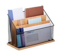 Relaxdays Document Holder, 3 Compartments, Metal & Bamboo, Upright Letter Stand, HxWxD: 20 x 29 x 14 cm, Natural/Black