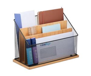 Relaxdays Document Holder, 3 Compartments, Metal & Bamboo, Upright Letter Stand, HxWxD: 20 x 29 x 14 cm, Natural/Black