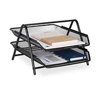 Relaxdays Document Tray, 2 Compartments, Office, H x W x D: 20.5 x 30 x 35.5 cm, Mesh Style, Metal, Black, Steel