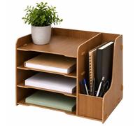 Relaxdays Document Tray, DIN A4, 4 compartments, Standing Organiser, Brown