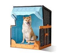 Relaxdays Dog Beach Chair with Rattan Frame, Canopy & Bowl, 95x75x65 cm, Garden & Terrace, Light Blue