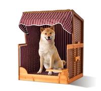 Relaxdays Dog Beach Chair with Rattan Frame, Canopy, Bowl, Garden & Terrace, Dark Red, 95x75x65 cm
