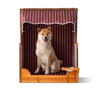 Relaxdays Dog Beach Chair with Rattan Frame, Canopy, Bowl, Garden & Terrace, Dark Red, 95x75x65 cm