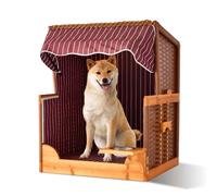 Relaxdays Dog Beach Chair with Rattan Frame, Canopy, Bowl, Garden & Terrace, Dark Red, 95x75x65 cm