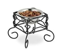Relaxdays Dog Bowl, Elevated Feeding Stand, 300 ml Volume, Iron & Stainless Steel, HWD: 15.5 x 18 x 18 cm, Black/Silver