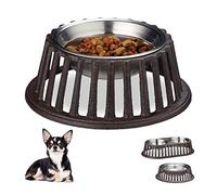 Relaxdays Dog Bowl for Food & Water, Cast Iron Dish Holder, Stainless Steel, Dishwasher-Safe, Small, 200ml, Brown