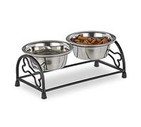 Relaxdays Set Ornate Iron Holder, Stand Dogs & Cats, 2 Stainless Steel Bowls, Pet Bar, Black/Silver, je 300 ml