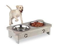 Relaxdays Dog Bowls with Stand, 2 Dishes, Raised Feeder, Paw Design, 750 ml Each, Mango Wood & Stainless Steel, Grey, 10 x 40.5 x 21 cm