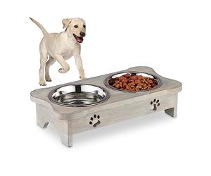 Relaxdays Dog Bowls with Stand, 2 Dishes, Raised Feeder, Paw Design, 750 ml Each, Mango Wood & Stainless Steel, Grey