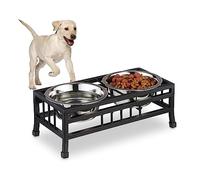 Relaxdays Dog Bowls with Stand, Raised Feeder, 2 Dishes, 750 ml Each, for Food & Water, Iron & Stainless Steel, Black, 13.5 x 37 x 18 cm