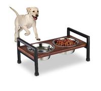 Relaxdays Dog Bowls with Stand, Raised Feeder, 2 Stainless Steel Dishes, 750 ml Each, Mango Wood & Iron, Brown/Black, 16.5 x 38.5 x 23.5 cm