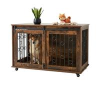 Relaxdays Dog Crate Furniture with Shelf & Casters, 2 Doors, 64x100x59 cm, Brown/Black