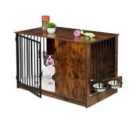 Relaxdays Dog Crate, Indoor Kennel, 65.5x102x60 cm, Cage with 2 Swivelling Bowls, MDF & Steel, Wood Look, Brown/Black, 50% fibreboard 20% Stainless Steel 30%