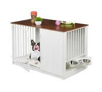 Relaxdays Dog Crate, Indoor Kennel, 65.5x102x60 cm, Cage with 2 Swivelling Bowls, MDF & Steel, Wood Look, White/Brown, 30% 50% fibreboard 20% Stainless Steel
