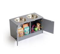 Relaxdays Dog Feeding Station 2 bowls, storage, HxWxD 35.5 x 60 x 30 cm, raised feeding bar, MDF & stainless steel, grey
