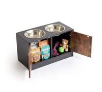 Relaxdays Dog Feeding Station, 2 bowls, storage, H×W×D 35.5×60×30 cm, elevated bar, MDF & stainless steel, black/brown