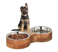 Relaxdays Dog Feeding Station, Double Bowls, Stainless Steel and Wood, Dishwasher-Safe, 8 x 48 x 22 cm, Natural/Silver